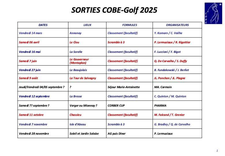 Cobe golf calendrier des sorties 2025